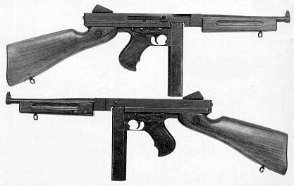 Both sides of the Thompson M1A1 shown with 30-round magazine