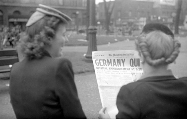 The front page of The Montreal Daily Star announcing the German surrender. May 7, 1945.