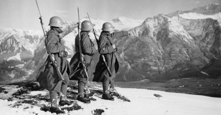 Swiss border patrol in the Alps during World War II.