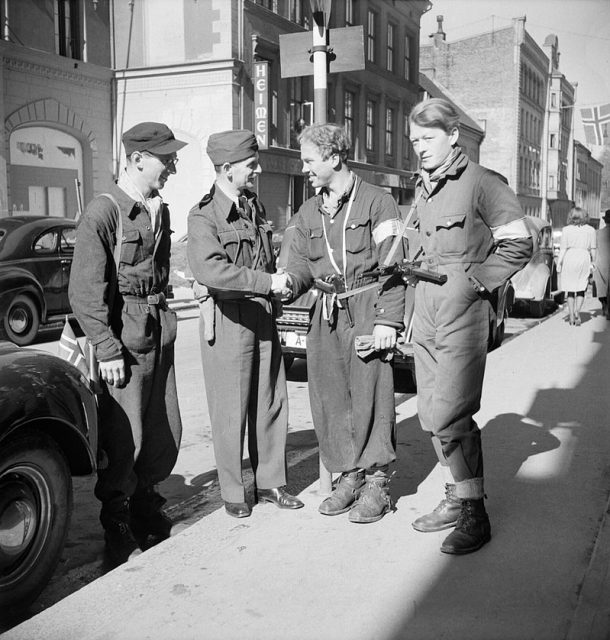 Norwegian resistance fighters in Oslo at the arrival of British forces in Norway, 11 May 1945.