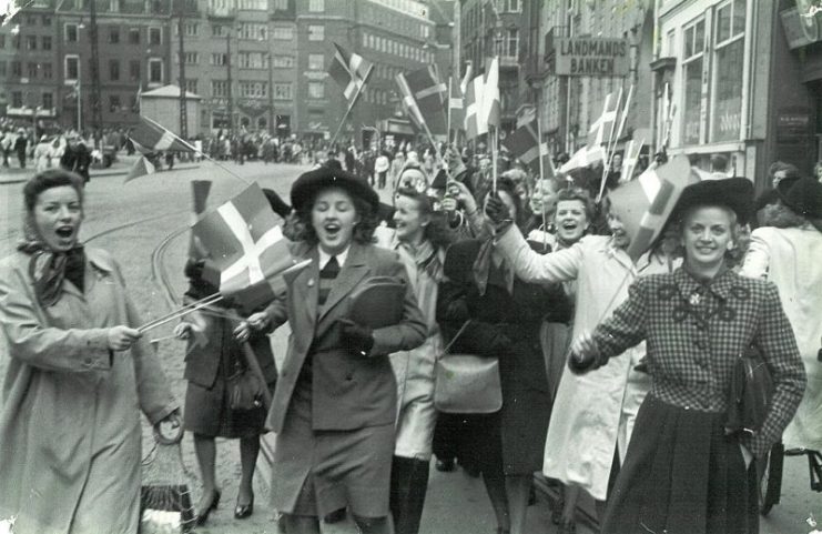 People celebrating the liberation of Denmark at Strøget in Copenhagen, 5 May 1945.