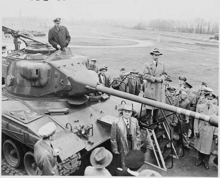 President Harry Truman with a T41 prototype undergoing trials at Aberdeen Proving Ground.