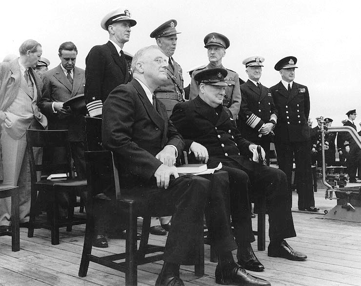 Franklin D. Roosevelt and Winston Churchill aboard HMS Prince of Wales in 1941.