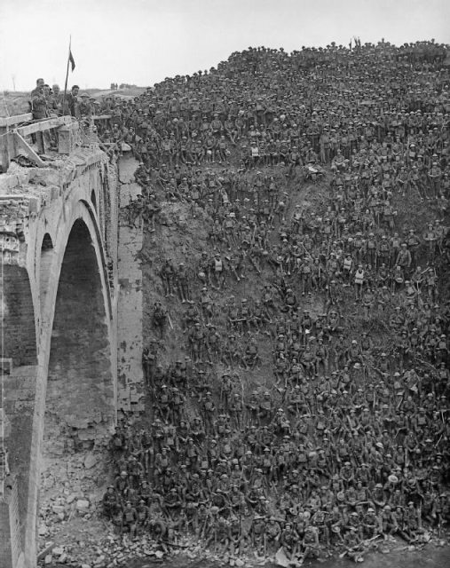 137th Brigade (including 1/6th Battalion North Staffs) at the Riqueval Bridge on the St Quentin Canal, October 1918