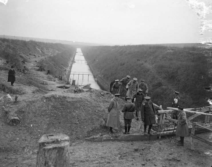 King George V at Riqueval Bridge, the scene of the exploit of the 137th Brigade when the 46th Division crossed the St. Quentin Canal cutting on 29 September 1918. (photo taken 2 December).