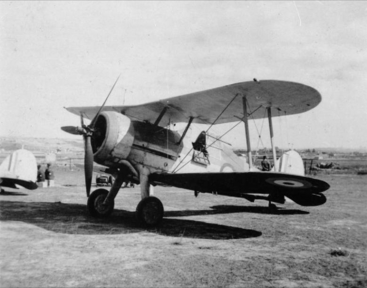 Faith, a Gloster Sea Gladiator Mk I, on the ground at an airfield in Malta, in about September 1940. The aircraft has been refitted with a Bristol Mercury XV engine and three-blade Hamilton Standard variable-pitch propeller salvaged from a Bristol Blenheim.