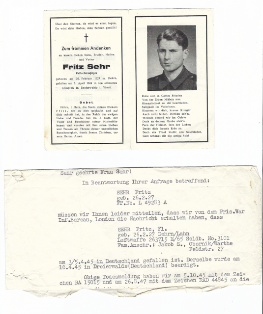 Der Brief an Fritz Sehrs Mutter, in dem der Tod ihres 18-jährigen Sohnes bestätigt wird. Darüber hat seine Familie nach dem Krieg eine Sterbekarte für ihn angefertigt, um ihm zu gedenken.