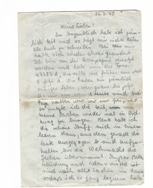 Der letzte Brief, den Fritz Sehr an seine Eltern schickte, er wurde kurz darauf getötet. Die als Feldpost bekannte Post operierte unter einer Nummernreihe, die entsprechend der jeweiligen Einheit codiert war.