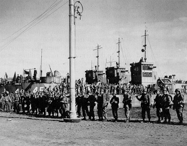 Soldiers of the 3d Ranger Battalion board LCIs that will take them to Anzio. Two weeks later, nearly all would be killed or captured at Cisterna (U.S. Army Photograph)