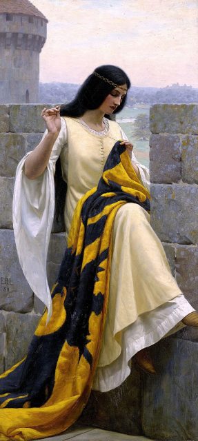 Depiction of chivalric ideals in Romanticism (Stitching the Standard by Edmund Blair Leighton: the lady prepares for a knight to go to war).