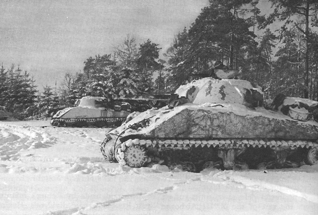 American M4 Sherman tanks in defensive positions near St. Vith.
