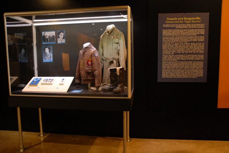 “Tenacity over Bougainville: Zeamer and the “Eager Beavers”” display in the World War II Gallery at the National Museum of the U.S. Air Force. (U.S. Air Force photo)