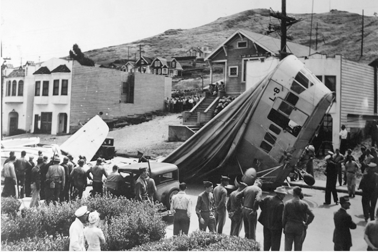The blimp finally came to rest atop Richard Johnston’s freshly waxed car in Daly City, Calif., just south of San Francisco.Photo: National Archives