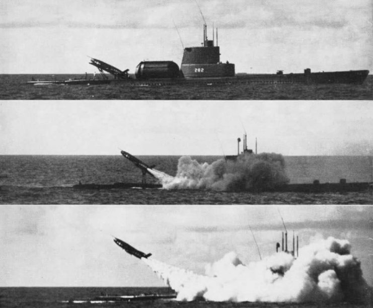 The U.S. Navy Gato-class submarine USS Tunny (SSG-282) launching an SSM-N-8 Regulus I missile.