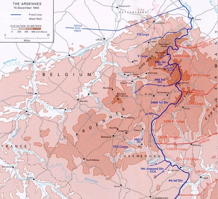 The Ardennes area of Belgium and Germany just before the German Ardennes counteroffensive, December 15, 1944.