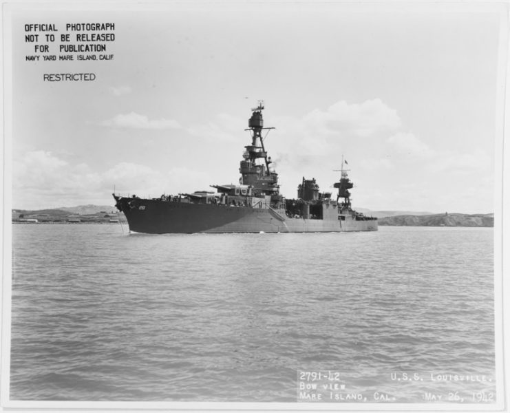 USS Louisville (CA-28) off the Mare Island Navy Yard, California, 26 May 1942.
