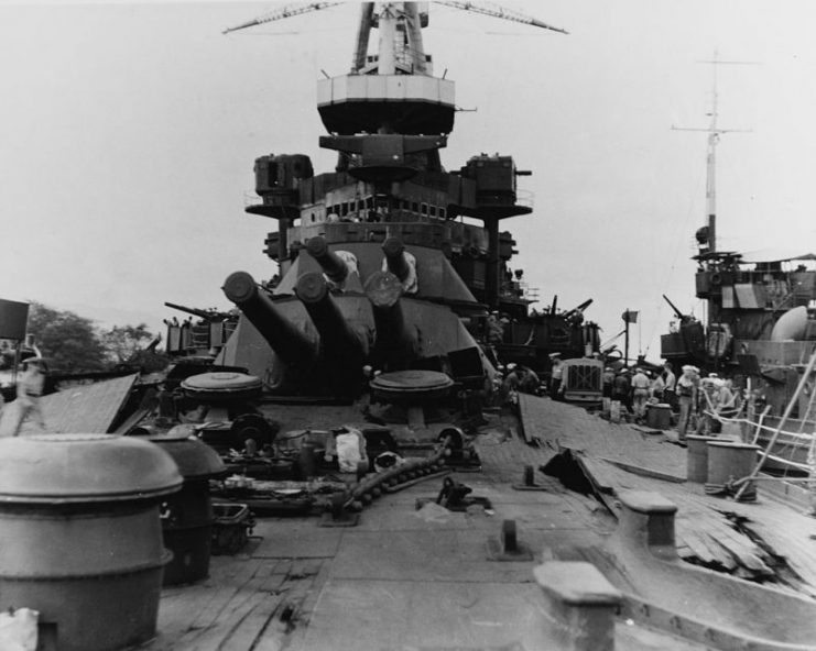 Damage sustained to the bow of Nevada, photographed five days after the attack