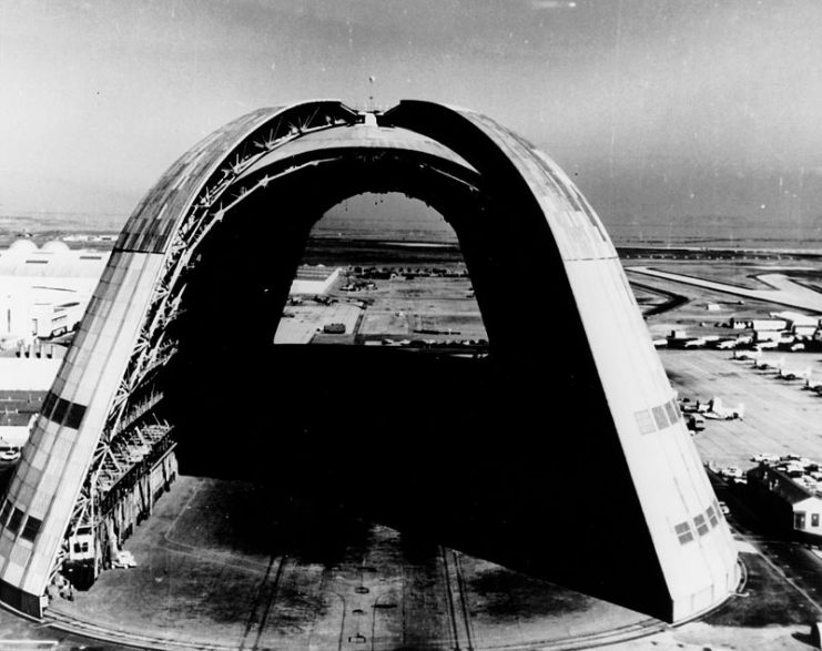 Moffett Federal Airfield, view of Hangar One, the huge dirigible hangar, with doors open at both ends.