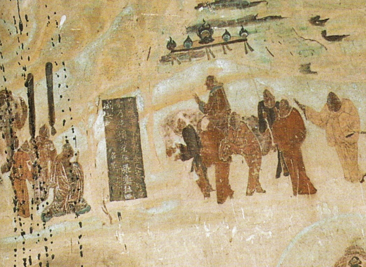 Emperor Wu dispatching Zhang Qian to Central Asia from 138 to 126 BCE, Mogao Caves mural, 618–712 CE.