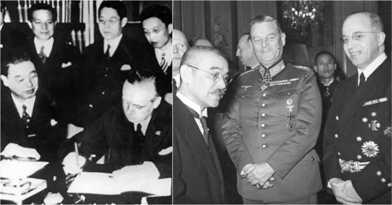 L:Japanese ambassador Kintomo Mushakoji and foreign minister of Nazi Germany Joachim von Ribbentrop sign the Anti-Comintern Pact in 1936.R: Matsuoka with Generalfeldmarschall Wilhelm Keitel (centre) and ambassador Heinrich Georg Stahmer (right) at a reception in the Japanese embassy in Berlin on 29 March 1941

Bundesarchiv, Bild 183-B01910 / CC-BY-SA 3.0