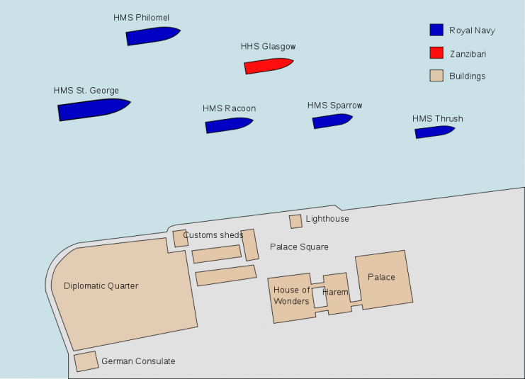 Map showing disposition of naval forces on the outbreak of the Anglo-Zanzibar War. At 9.00am 27 August 1896. Photo by Dhatfield CC BY-SA 3.0
