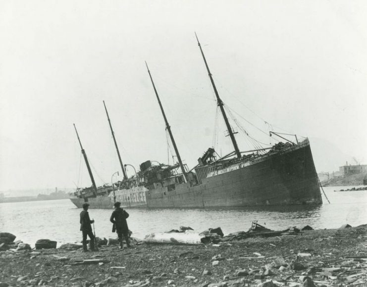 SS Imo aground on the Dartmouth side of the harbour after the explosion