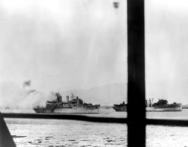 Curtiss burning at Pearl Harbor, 7 December 1941.