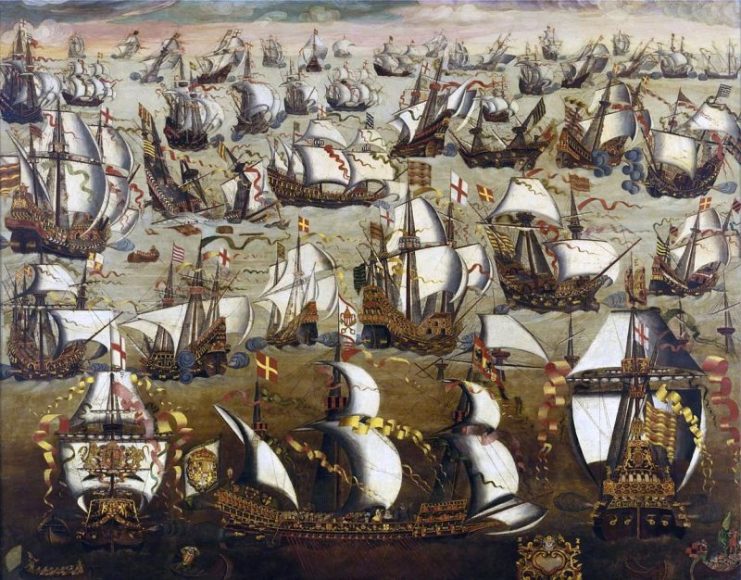 Spanish Armada and English ships, August 1588.