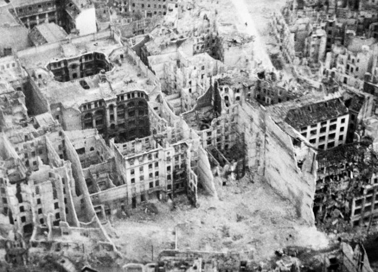 An aerial photograph of damaged buildings in Berlin 1945-1947.