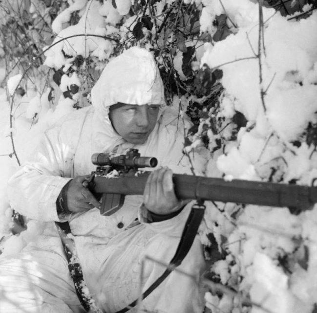 A 6th Airborne Division sniper on patrol in the Ardennes, 14 January 1945.