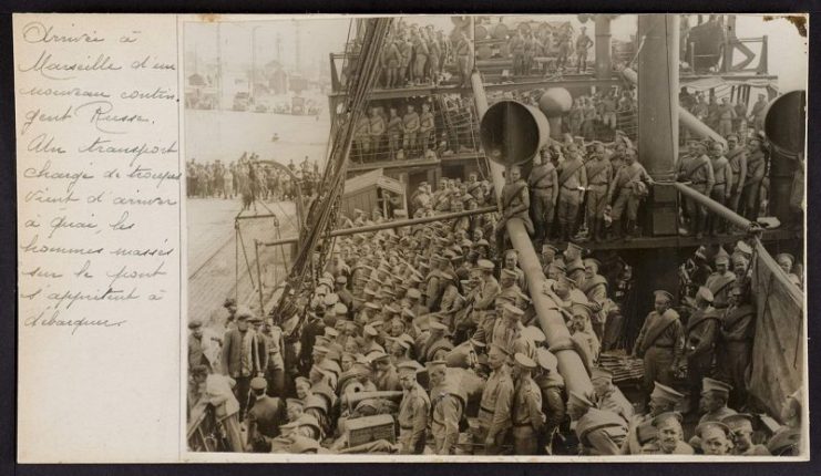 Russian soldiers on board ship during WWI.