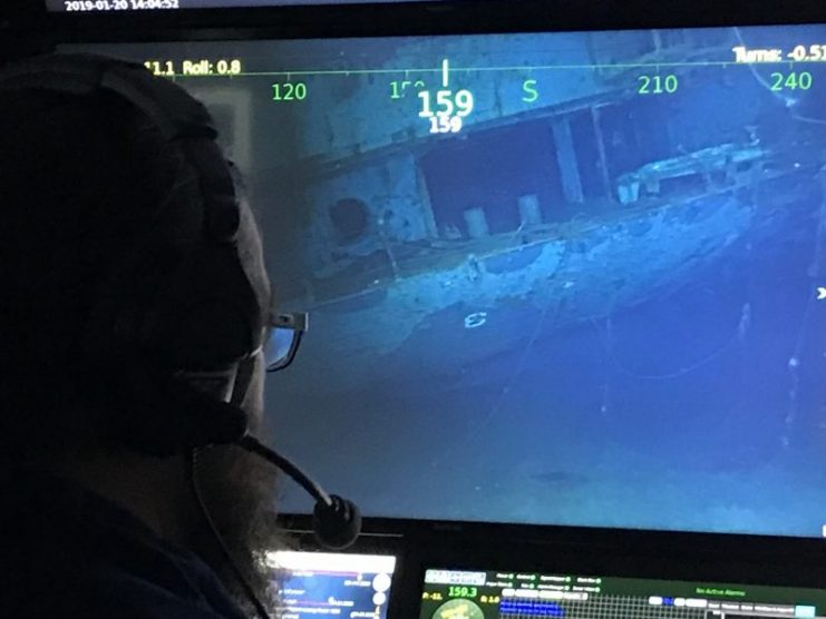 The underwater hull of USS Hornetvisible on the screenin the online room. Photo courtesy of Paul G. Allen’s Vulcan Inc.