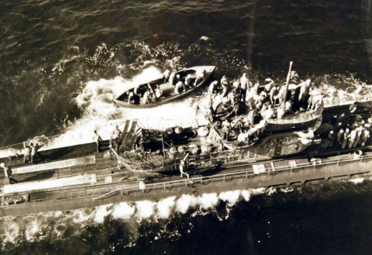 Surrender of German U-boats, 1945. Surrender of German U-boat, U-858, 700 miles off the New England Coast to two destroyer escorts, May 10, 1945.