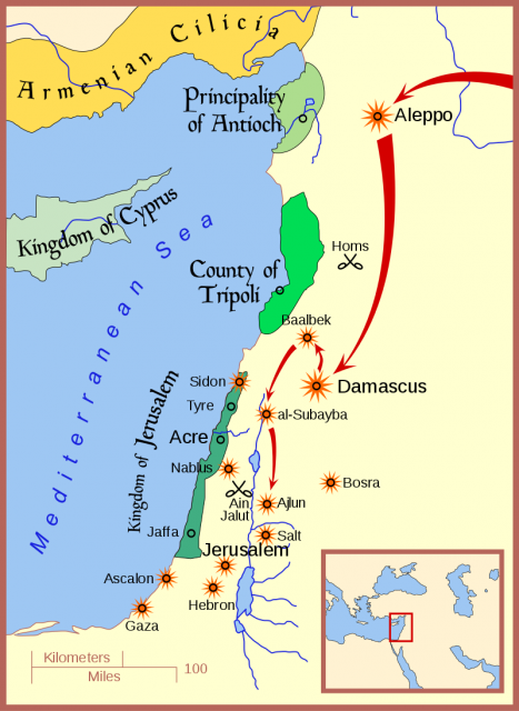 The 1260 Mongol offensives in the Levant. The early successful attacks on Aleppo and Damascus led to smaller attacks on secondary targets such as Baalbek, al-Subayba, and Ajlun as well as raids against other Palestine towns, perhaps including Jerusalem. Smaller raiding parties reached as far south as Gaza.Photo: Map Master CC BY 3.0