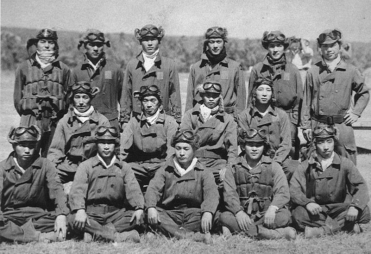 Enlisted pilots of the Tainan Kokutai pose at Lae in June 1942. Several of these aviators would be among the top Japanese aces, including Toshio Ōta (middle row, far left), Saburo Sakai (seated next to Ōta, second from the left) and Hiroyoshi Nishizawa (standing to the far left). These pilots fought against Allied fighter pilots during the Battle of Guadalcanal and the Solomon Islands campaign.