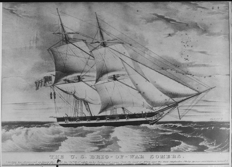 The English were not the only ones to hang by the yardarm, this American ship, the Somerset, is shown with two offenders hanging off of her mainmast in 1842.