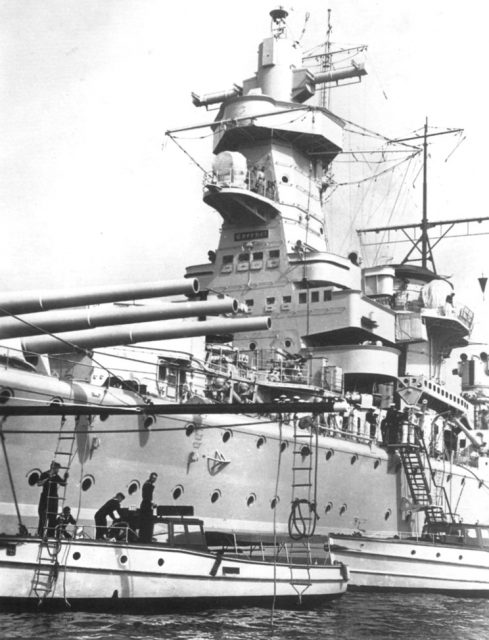 Detail view of the massive forward superstructure of the German pocket battleship ‘Admiral Graf Spee’