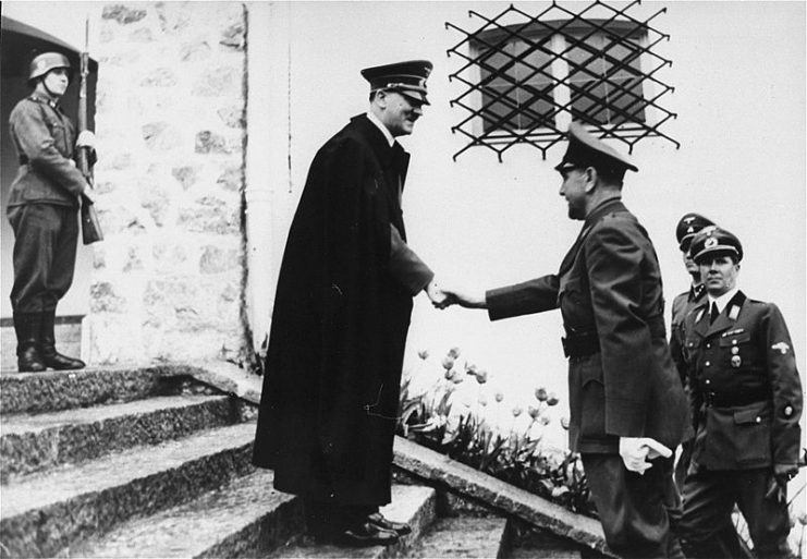 Germany’s Führer Adolf Hitler with Pavelić at the Berghof outside Berchtesgaden, Germany. The Ustaše increasingly came under the influence of Nazism after the founding of the NDH in 1941.