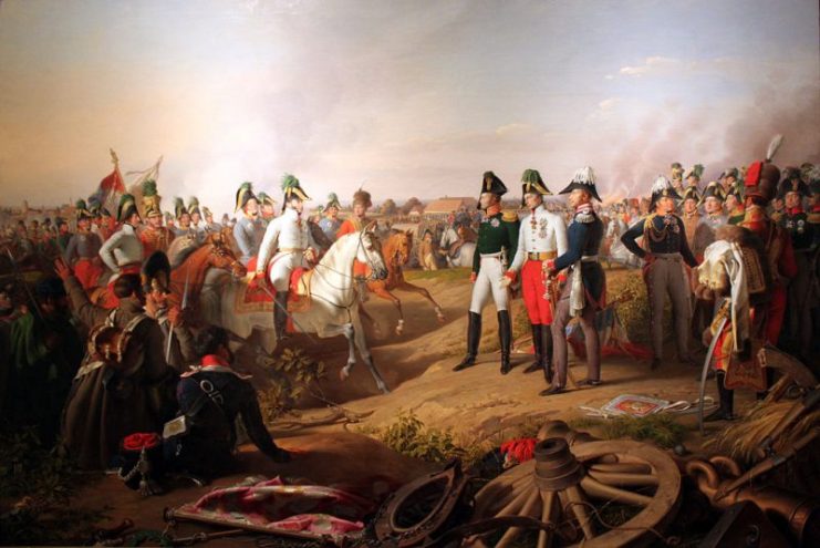 Alexander I of Russia, Francis II of Austria and Frederick William III of Prussia meet after the battle.