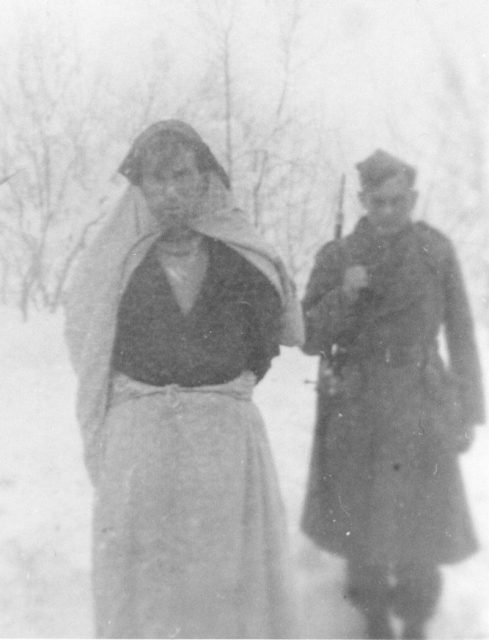 An Ustaše disguised as a woman, captured by Partisans of the 6th Krajina Brigade.