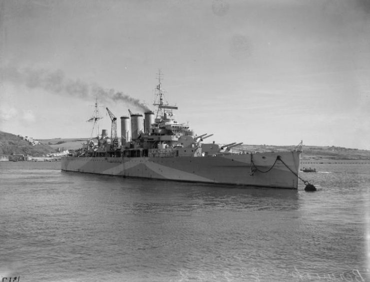British heavy cruiser HMS BERWICK at a buoy in the Hamoaze.