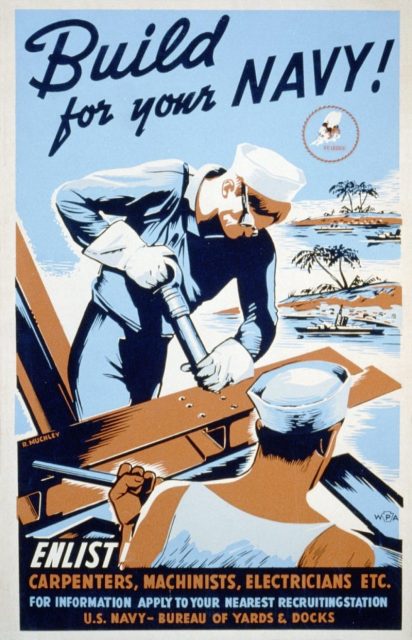 Build for your Navy poster encouraging skilled laborers to join the Seabees as part of the war effort.