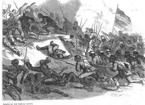 A depiction of the death of Andre Cailloux in battle. Cailloux can be seen with his sword raised. This portrayal places Cailloux and his men much closer to the Confederates than they were. From Frank Leslie’s Journal, June 27, 1863.