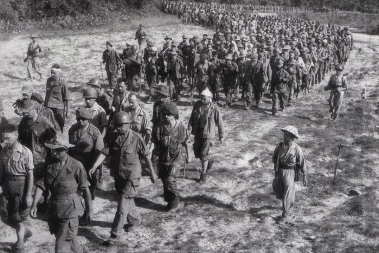 Captured French soldiers from Dien Bien Phu, escorted by Vietnamese troops, walk to a prisoner-of-war camp