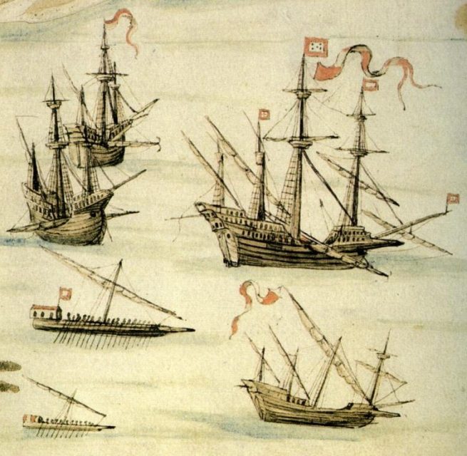 Carracks, galleon (center/right), square rigged caravel (below), galley and fusta (galliot) depicted by D. João de Castro on the “Suez Expedition”