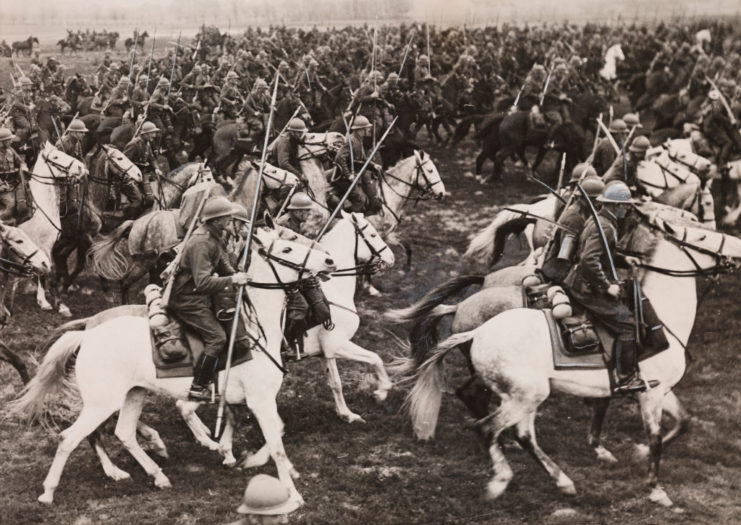 Cavalrymen charging in formation
