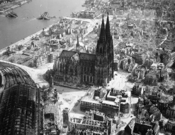 The Cathedral at Cologne and surrounding damaged structures, 1944