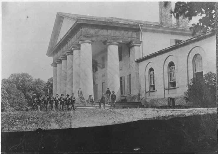 East front of Arlington House with Union Army Soldiers on lawn (1864).