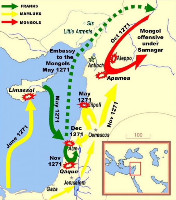 Baibars’s siege of Bohemond VI in Tripoli was lifted in May 1271 when Edward I arrived in the Levant, starting the Ninth Crusade.