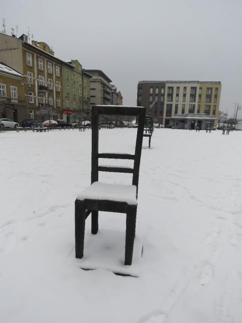 Empty chairs. The ghetto heroes memorial at Podgorze, once the centre of the Jewish ghetto and now symbolising the tragedy of the Polish Jews.
